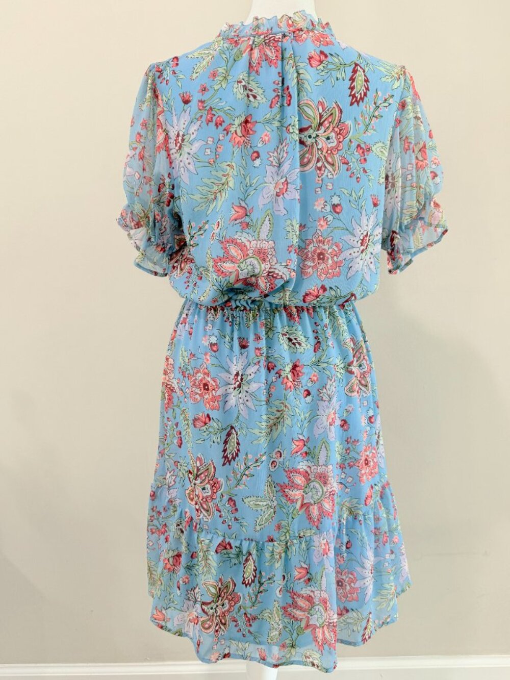 LOFT Blue Floral Tie Waist Mini Dress Boho Romantic Size S - Picture 3 of 8